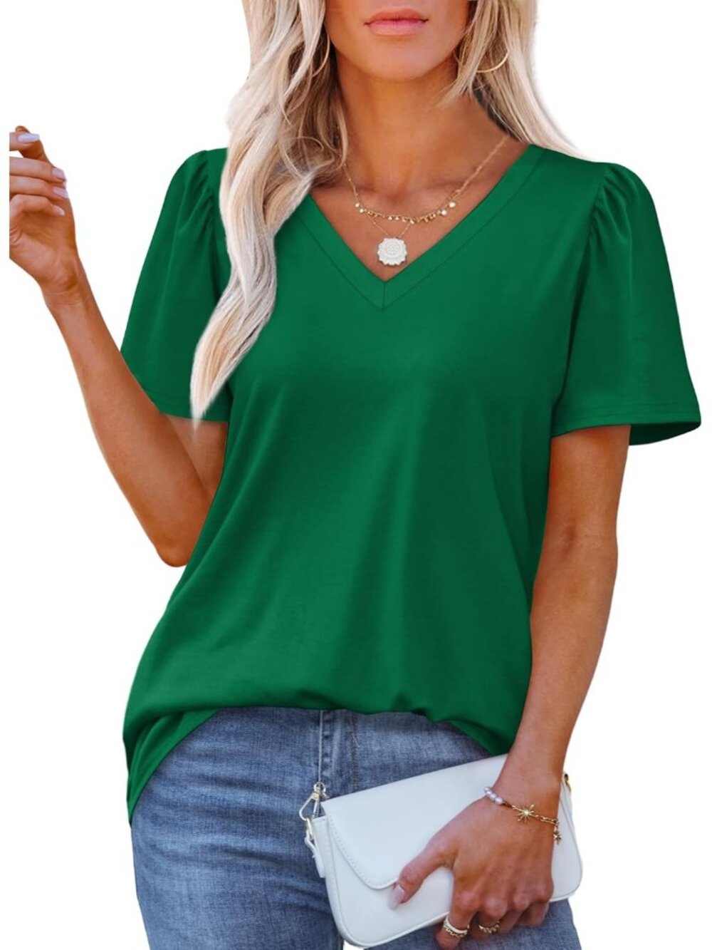 Women's T Shirts Green V Neck Dressy Casual Puff Short Sleeves Summer Tops